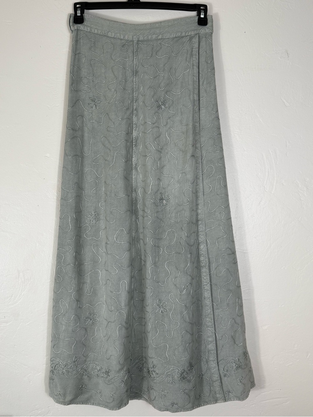 Whimsigoth Boho Embroidered Maxi Wrap Skirt - Sage Green Gray OSFM